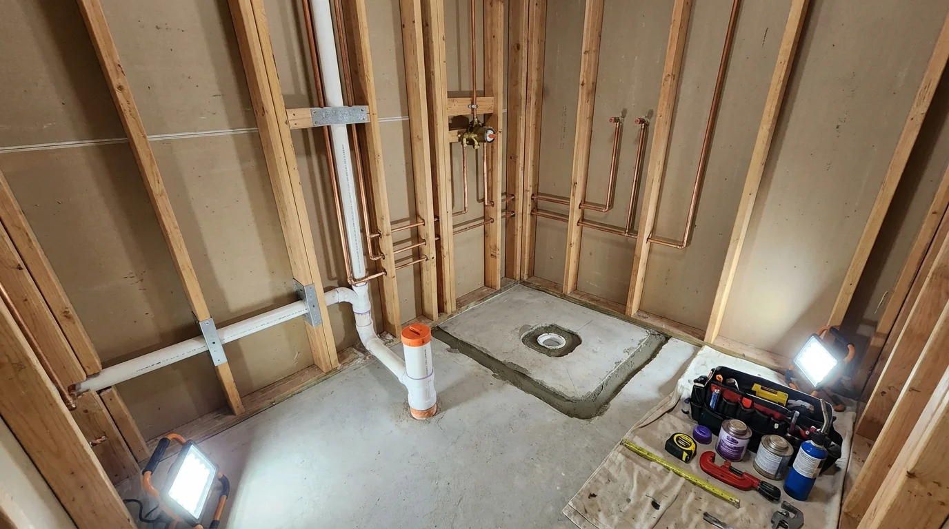 Bathroom rough-in plumbing during remodel by Johns Plumbing LLC in Port Lavaca