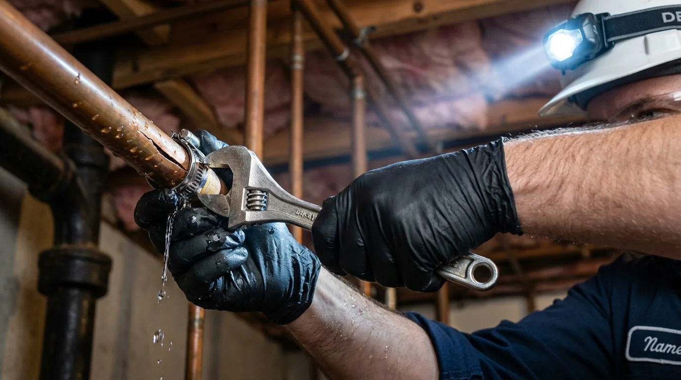 Emergency pipe clamp repair being performed by a Johns Plumbing LLC plumber in Port Lavaca