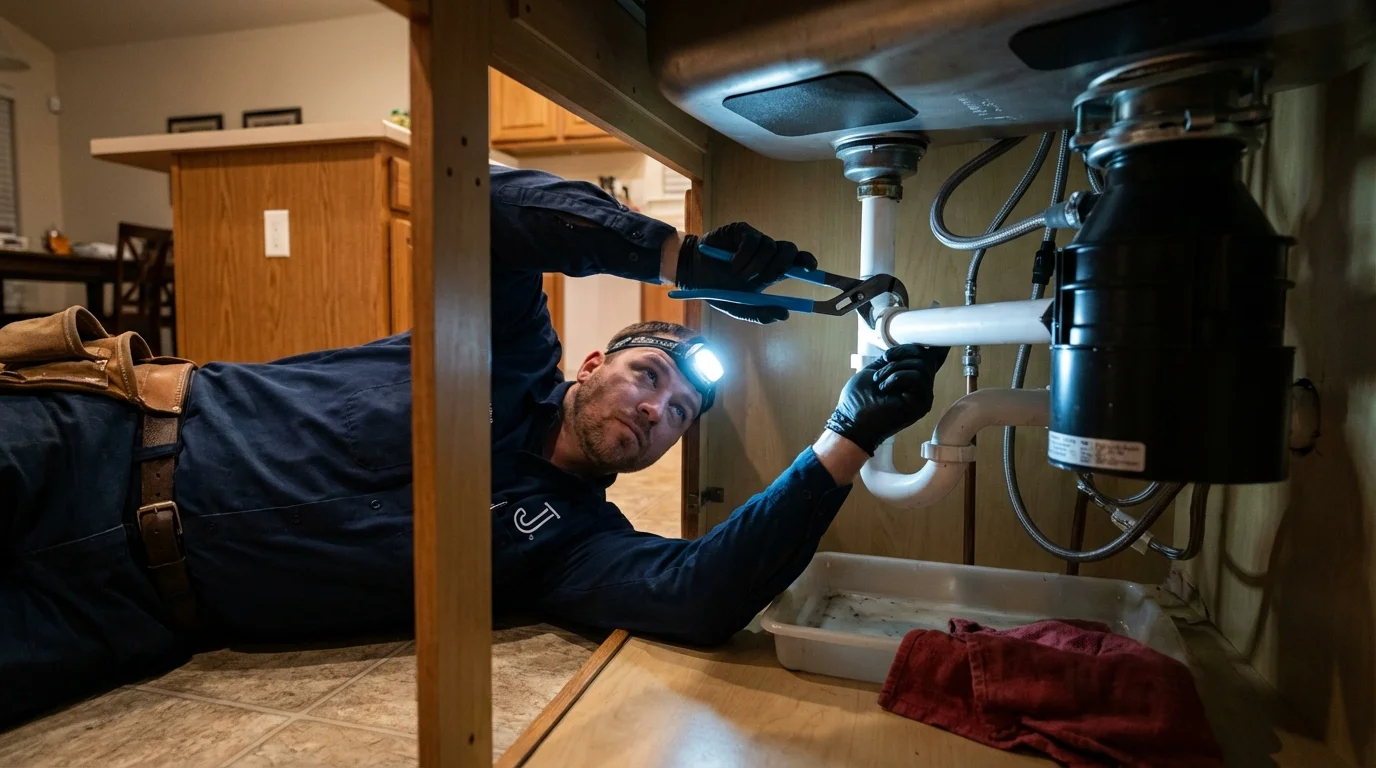 P-trap and supply line connections under a kitchen sink showing a common leak point in Port Lavaca, TX